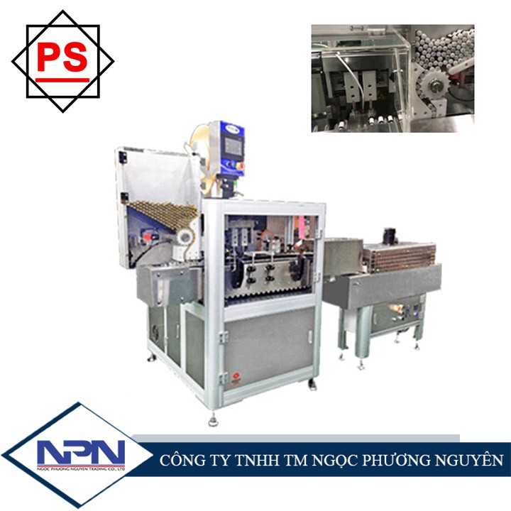 Máy phóng nhãn màng co dạng nằm ngang cho tuýp thuốc, lọ thuốc Máy phóng nhãn màng co dạng nằm ngang cho tuýp thuốc, lọ thuốc